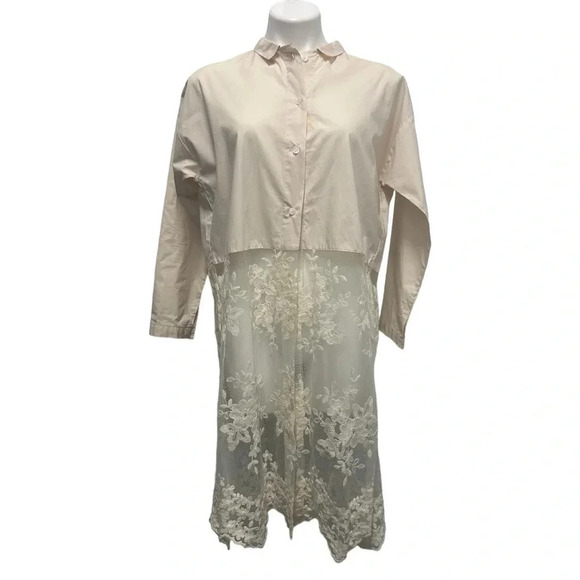 Floral Embroidered Lace Button Up Cream Color Shirt lagenlook boho layering - Picture 4 of 15